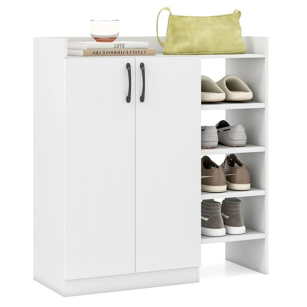 Costway Industrial Shoe Cabinet Shoe Wooden Storage Organizer w/4 Open Shelves in White 2