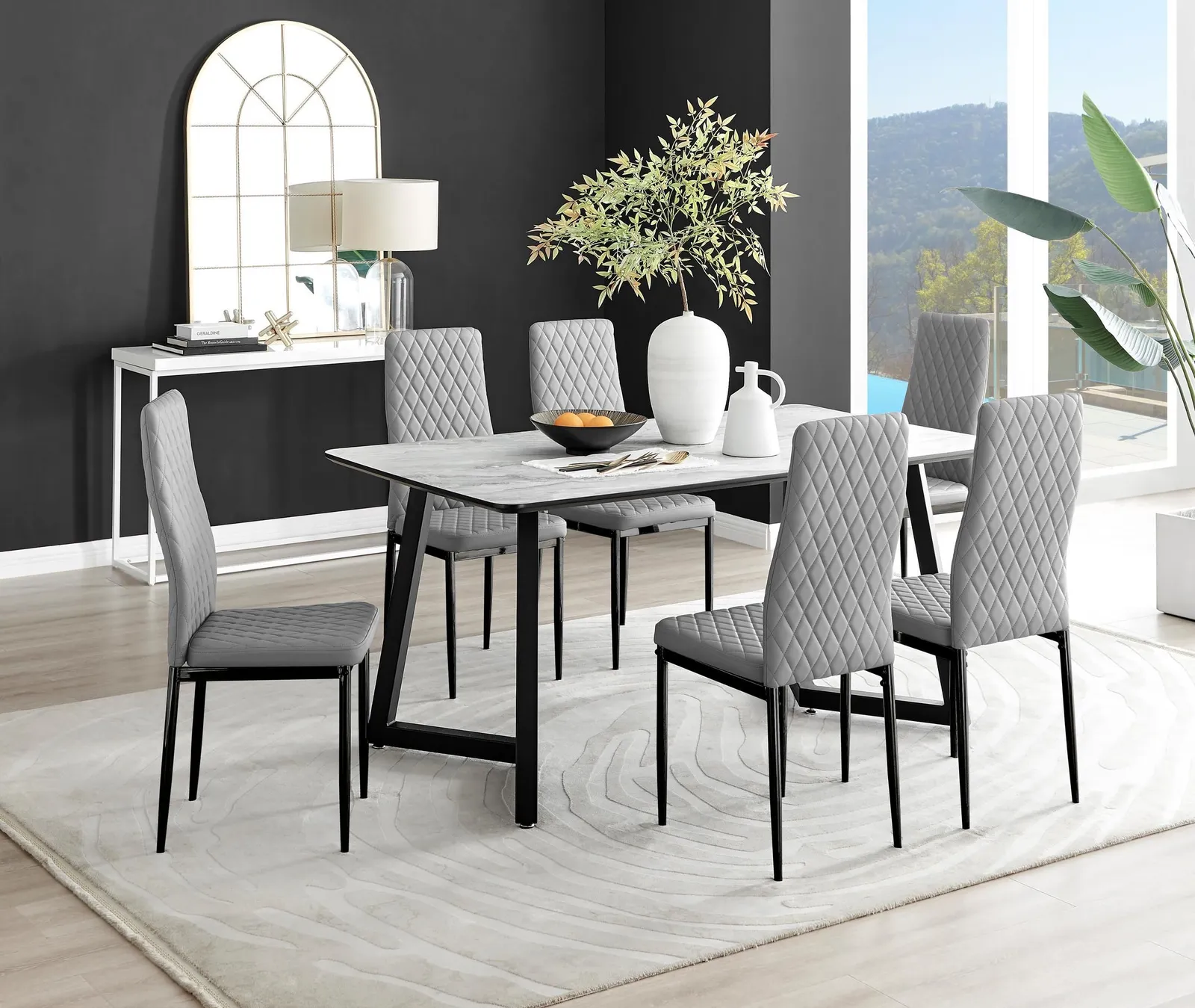 FurnitureboxUK Carson White Marble Effect Dining Table & 6 Milan Black Leg Chairs in Grey