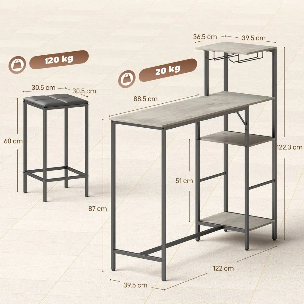 HOMCOM 3Pcs Breakfast Bar Table & Stools Set 4-tier shelving in Grey 3