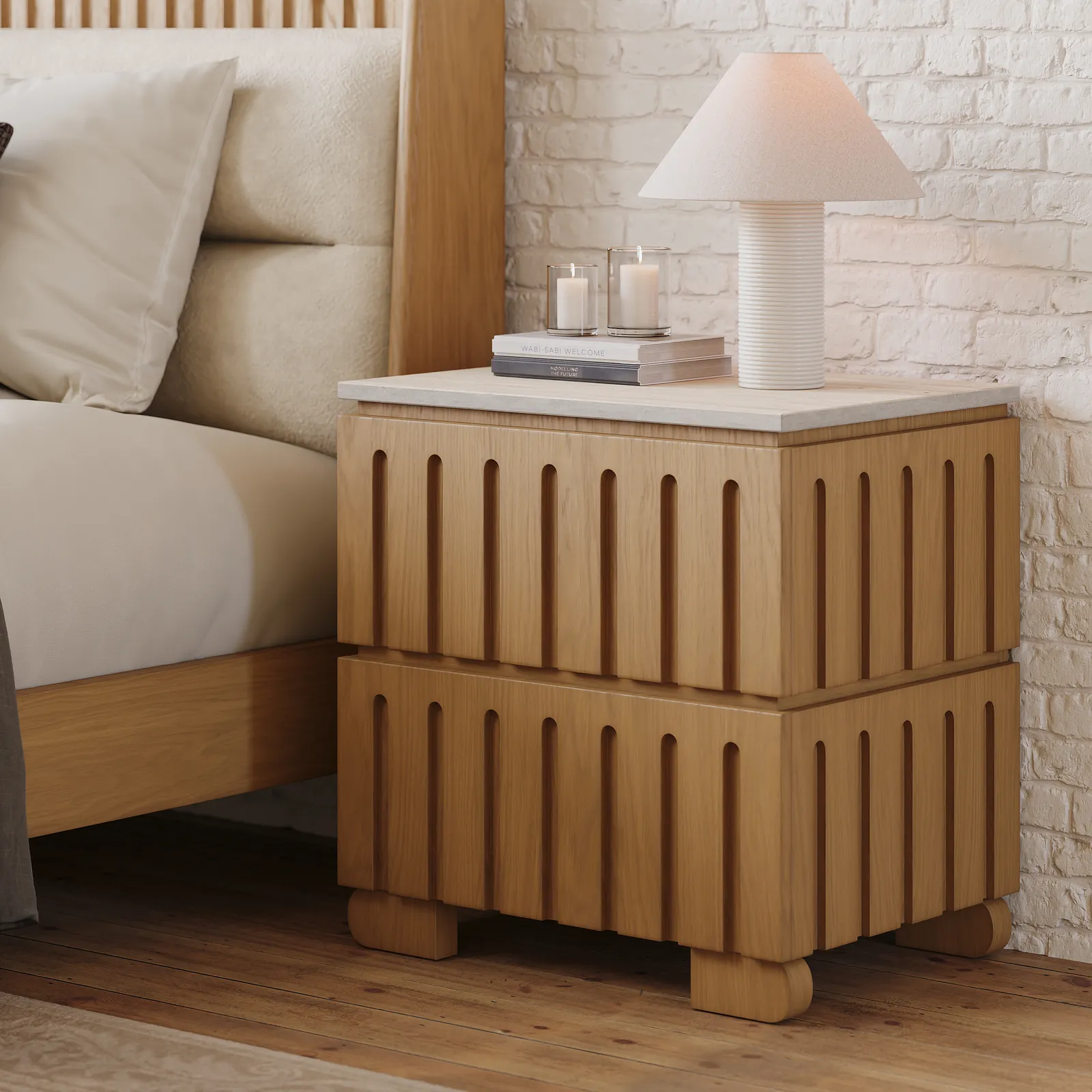 Ash Wood 2-Drawer Bedside Table with Faux Travertine Top