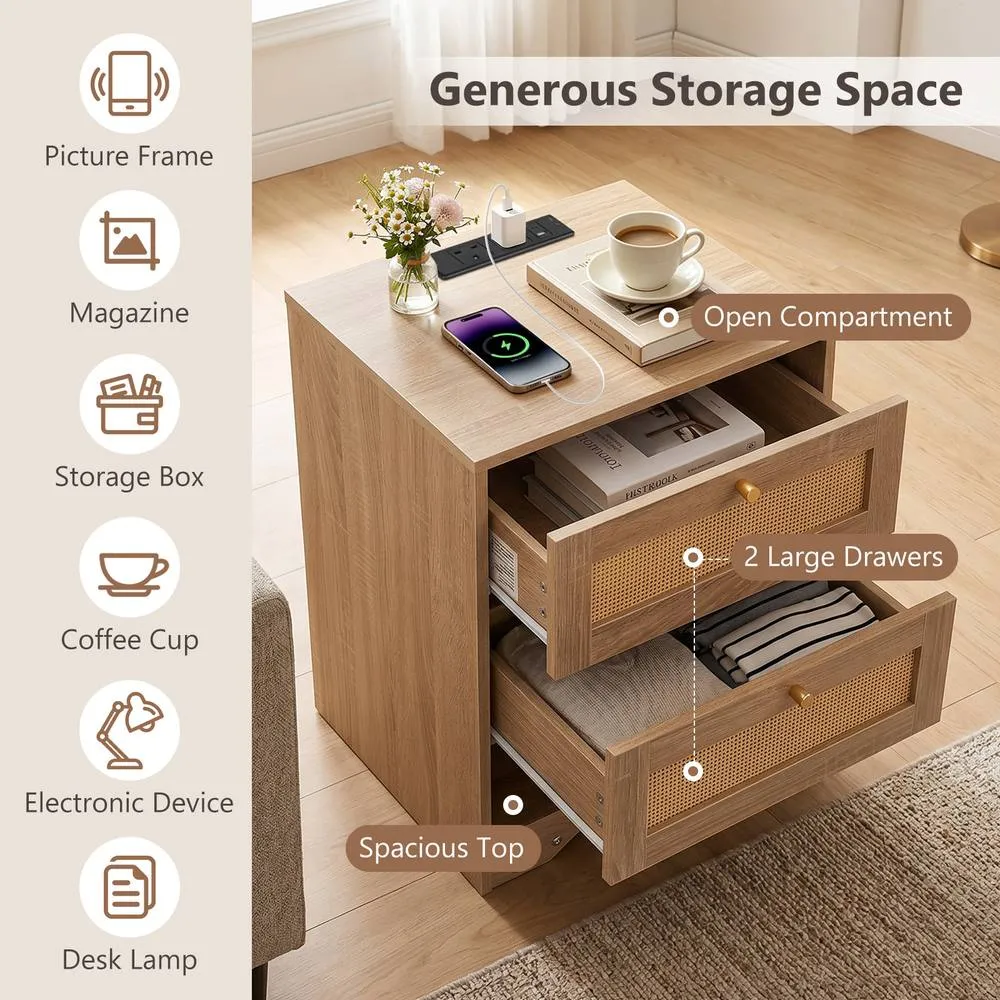 Costway Nightstand with Charging Station LED Light Strip in Khaki 6