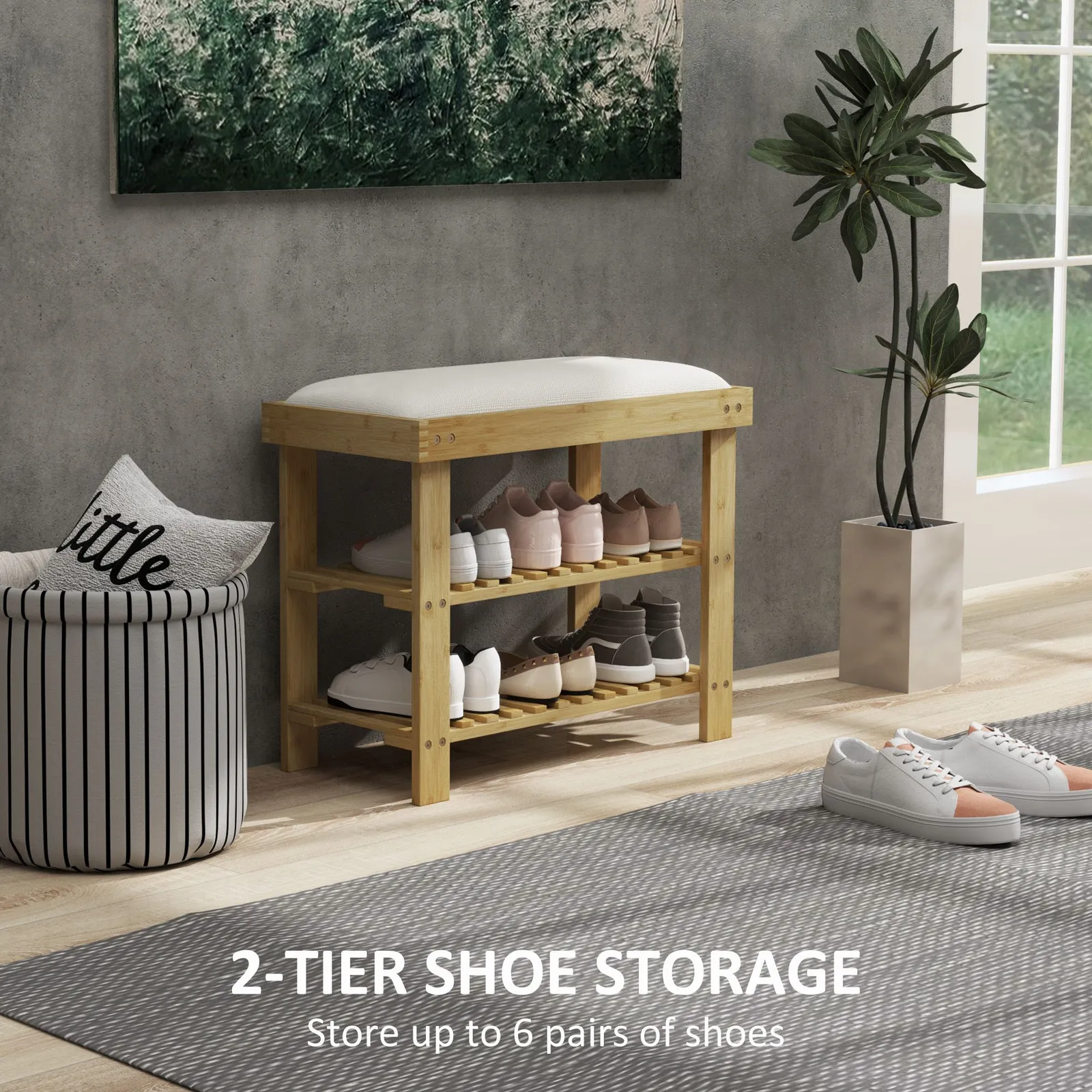 HOMCOM 3-Tier Shoe Storage Bench, Bamboo Shoe Rack for Entryway, Cream 6