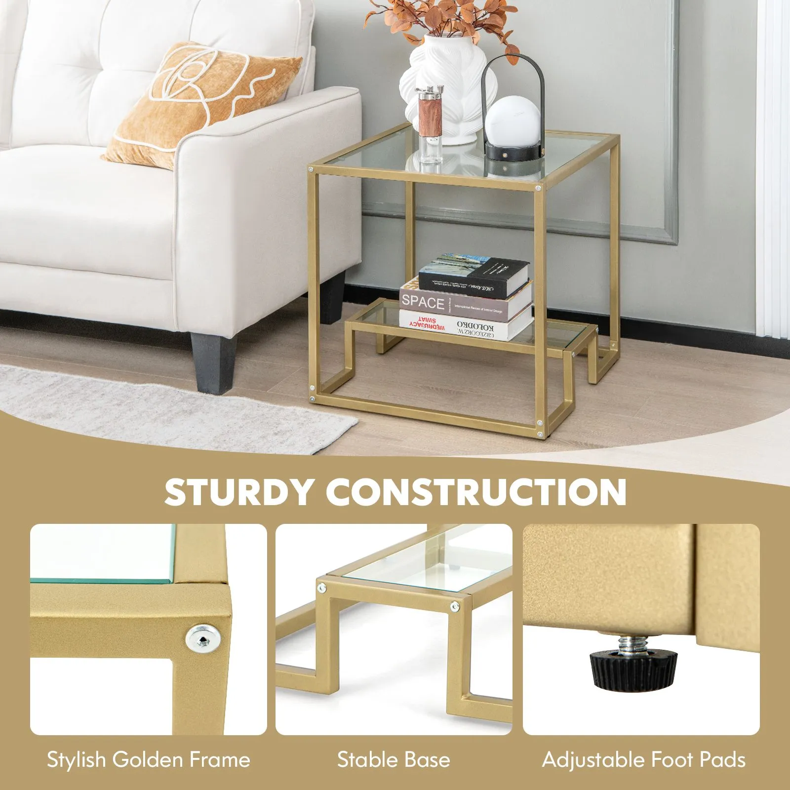 Costway 2-Tier Square Side Table Sofa End Snack Table Nightstand Tempered Glass Tabletop in Gold 3