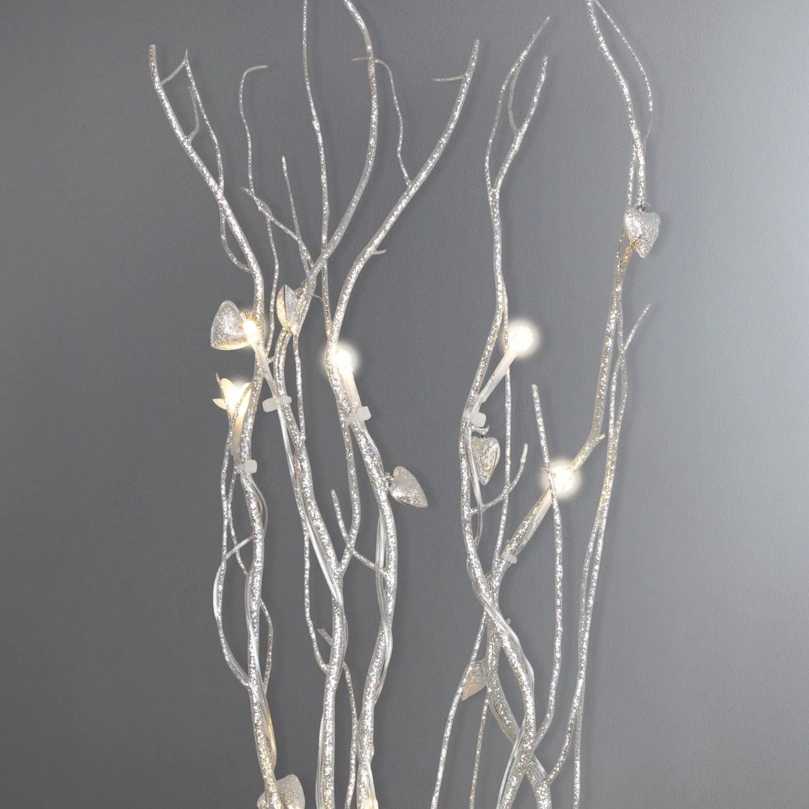 Silver Hearts Glitter Twig Lights Silver