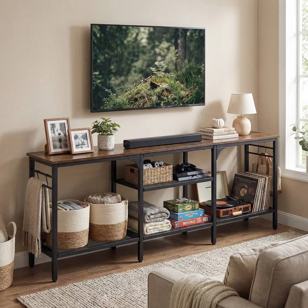 Costway Industrial Entertainment Center with Shelves in Brown 4
