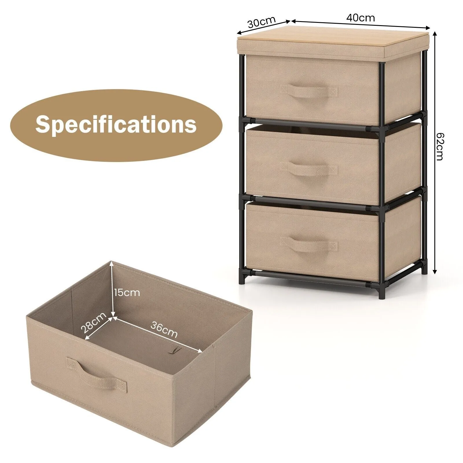 Costway 3 Chests of Drawers 3Tier Nightstand Organizer Fabric Dresser w/ Metal Frame in Brown 2