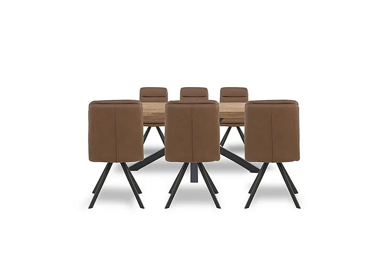 Njord 160cm Compact Raw Edge Dining Table with Metal Star Base and 6 Tan Faux Leather Swivel Chairs - Storm Wood
