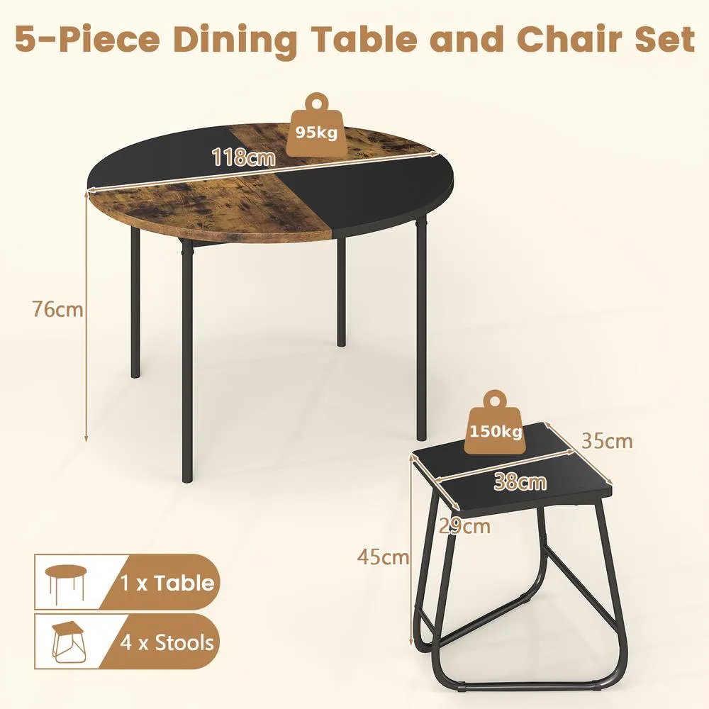Costway 5PCS Dining Set Round Kitchen Table &4 Stools Space-Saving Dinette Set 2