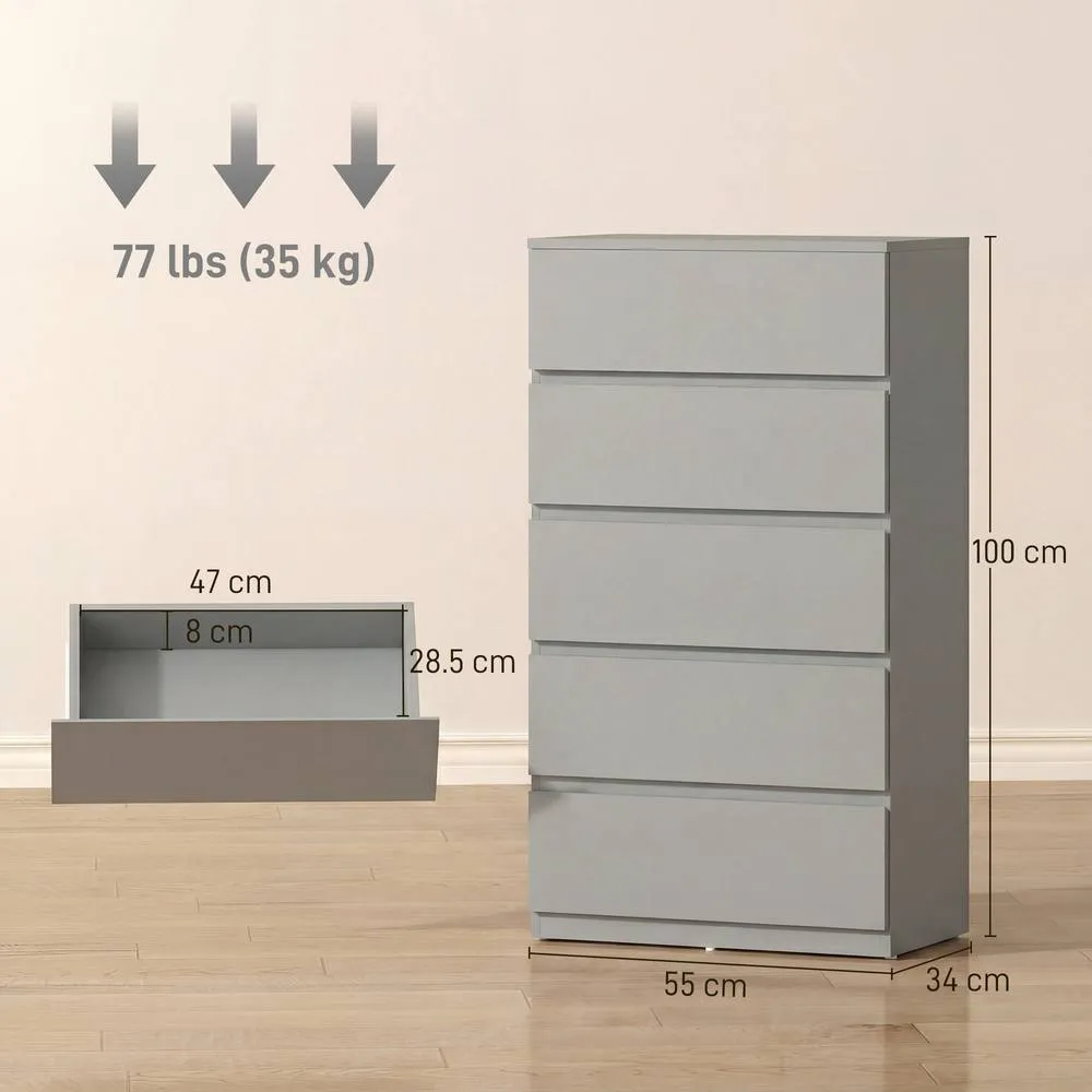 HOMCOM Bedroom Chest of Drawers, 5 Drawers Dresser, Drawer Unit in Grey 3