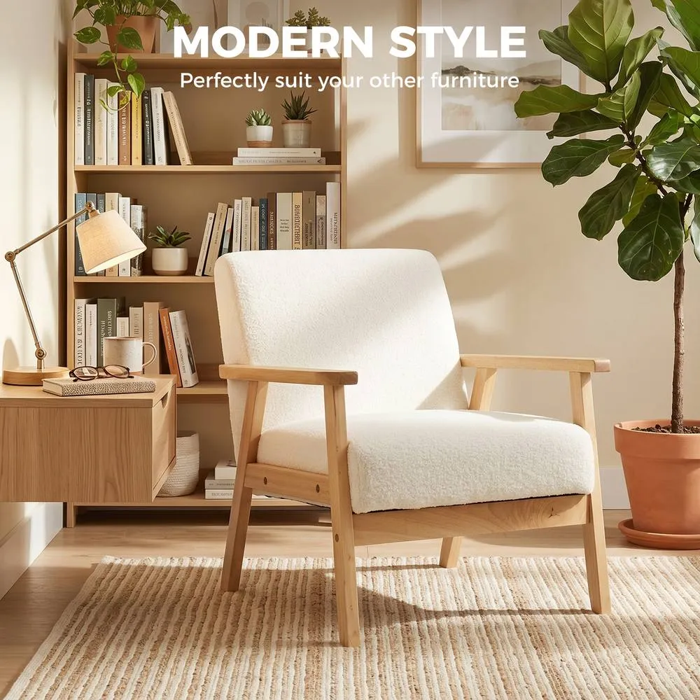 HOMCOM Accent Chair with Wood Frame Wide Seat Sherpa Fleece Armchair Cream in White 4