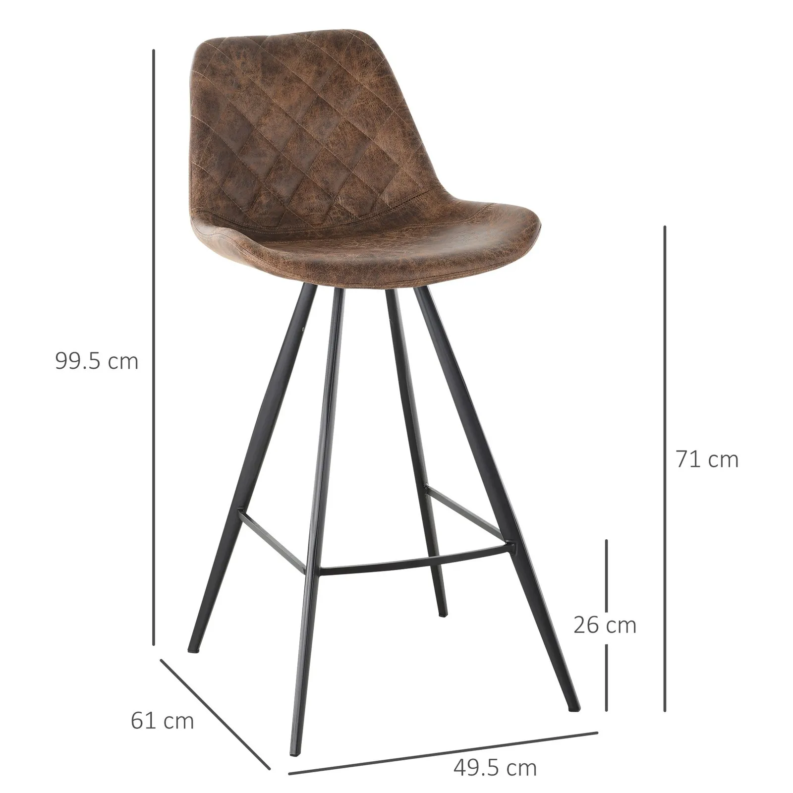 HOMCOM of 2 Bar Stools Padded Comfortable Steel Frame Footrest for Kitchen in Brown 3