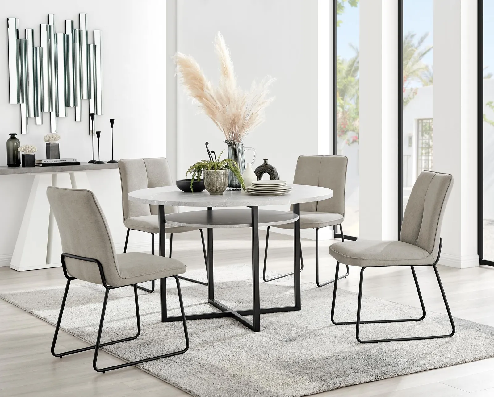 FurnitureboxUK Adley Grey Concrete Effect Round Dining Table & 4 Halleyy Fabric Chairs in Taupe 1