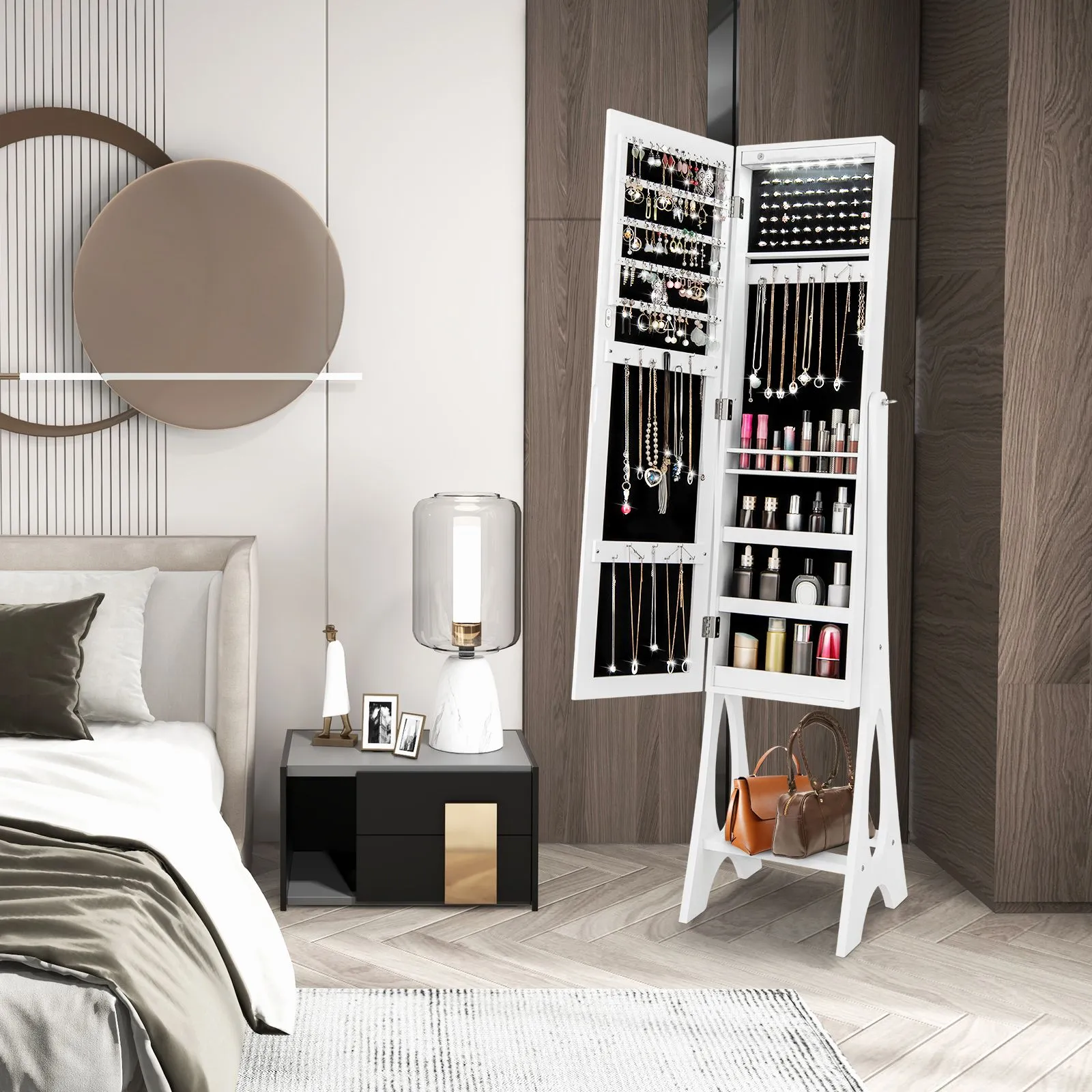 Costway Freestanding Full Length Mirror Jewelry Cabinet w/ Built-in LED in White 2