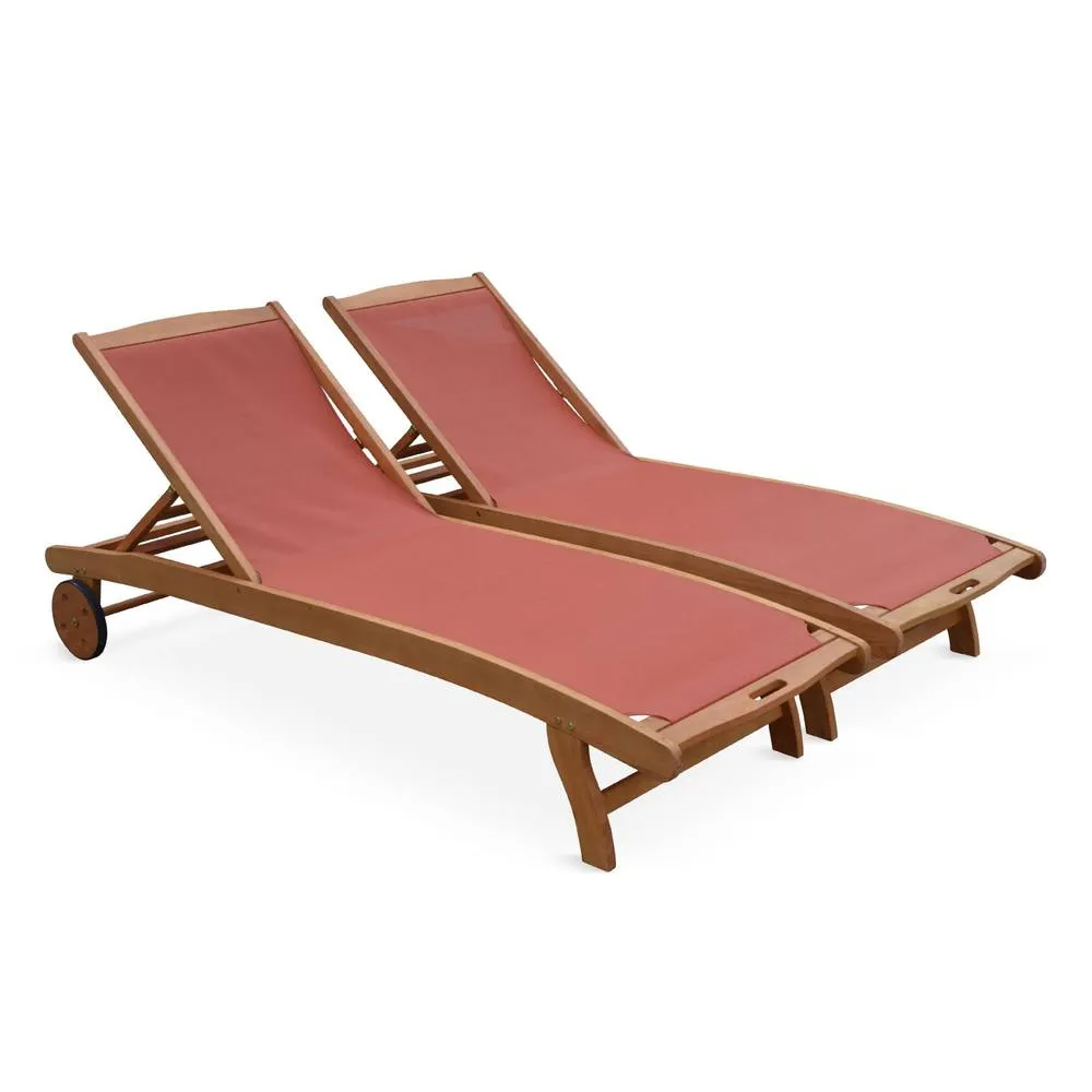 sweeek Pair of wooden & textilene sun loungers in Terracotta 2