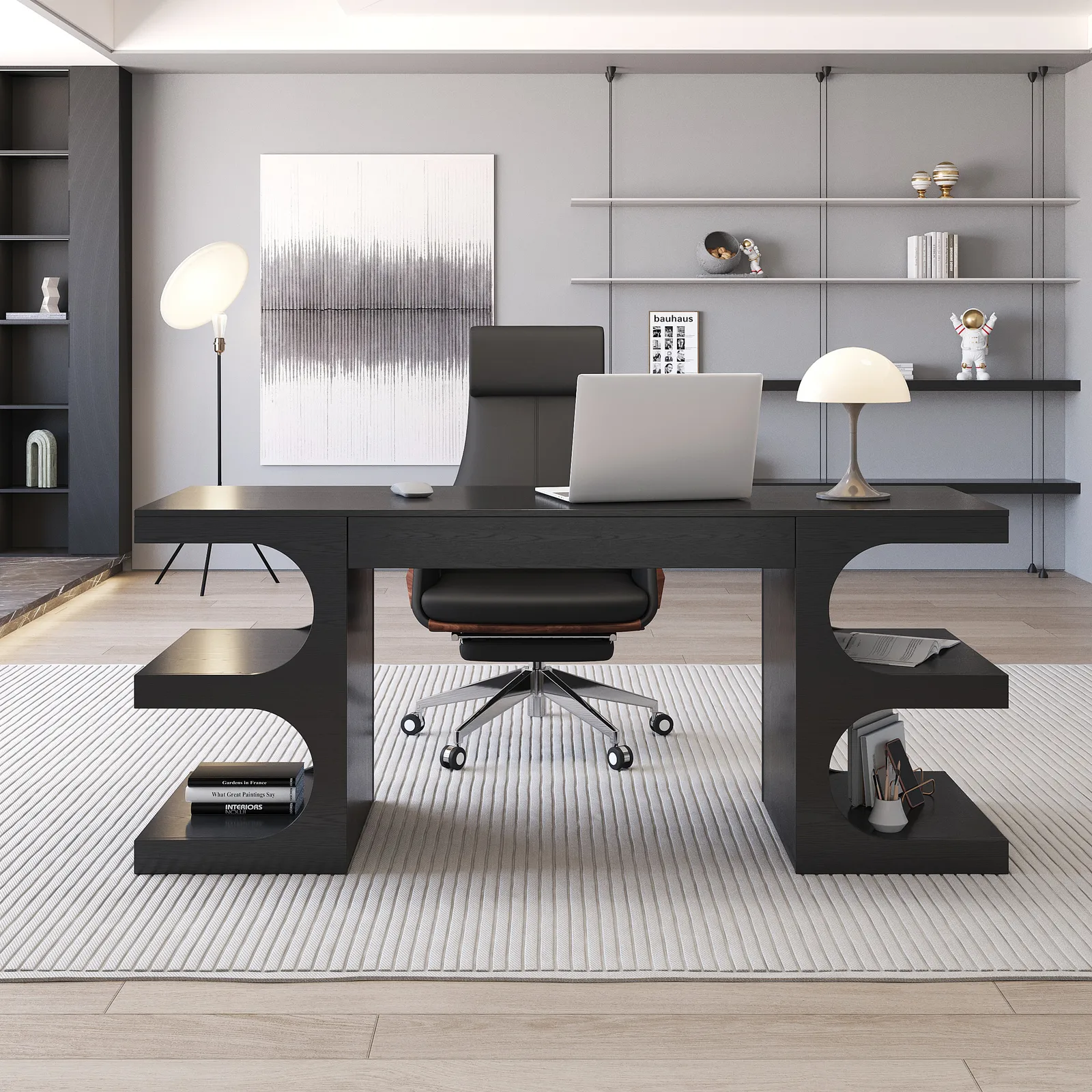 Modern Black Writing Desk Office Desk with 1 Drawer & 4 Open Shelves Office Furniture (1630mm)