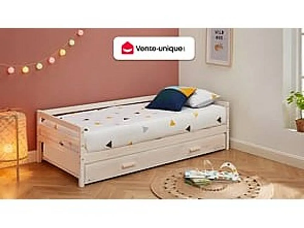 Vente-unique Trundle Bed - 2 X 90 X 190 Cm - Solid Pine & MDF - Whitewashed in White 4