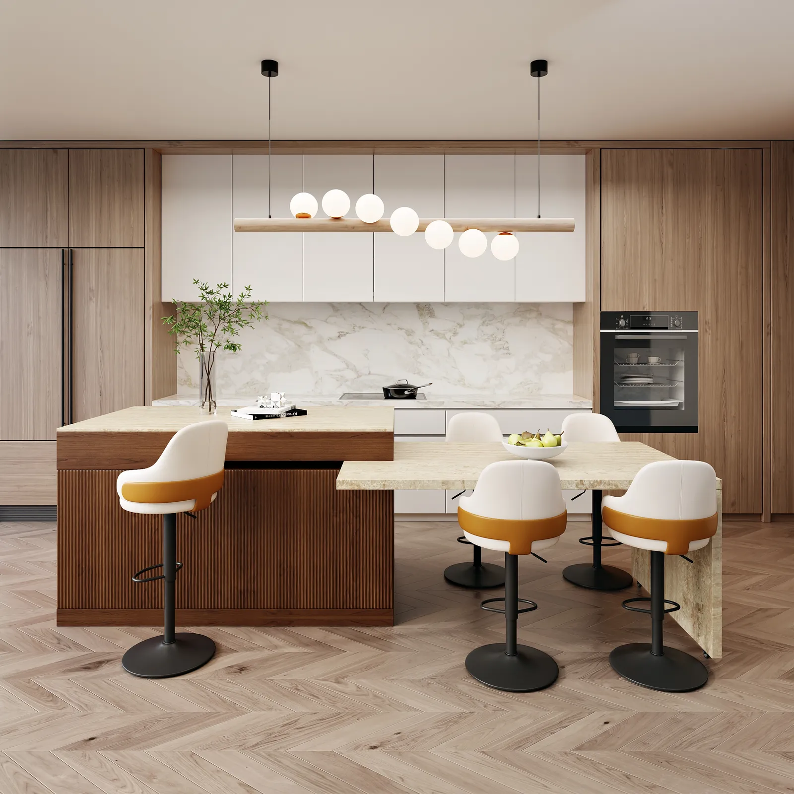 205 - 285 cm Extendable Walnut Kitchen Island with Doors & Drawers
