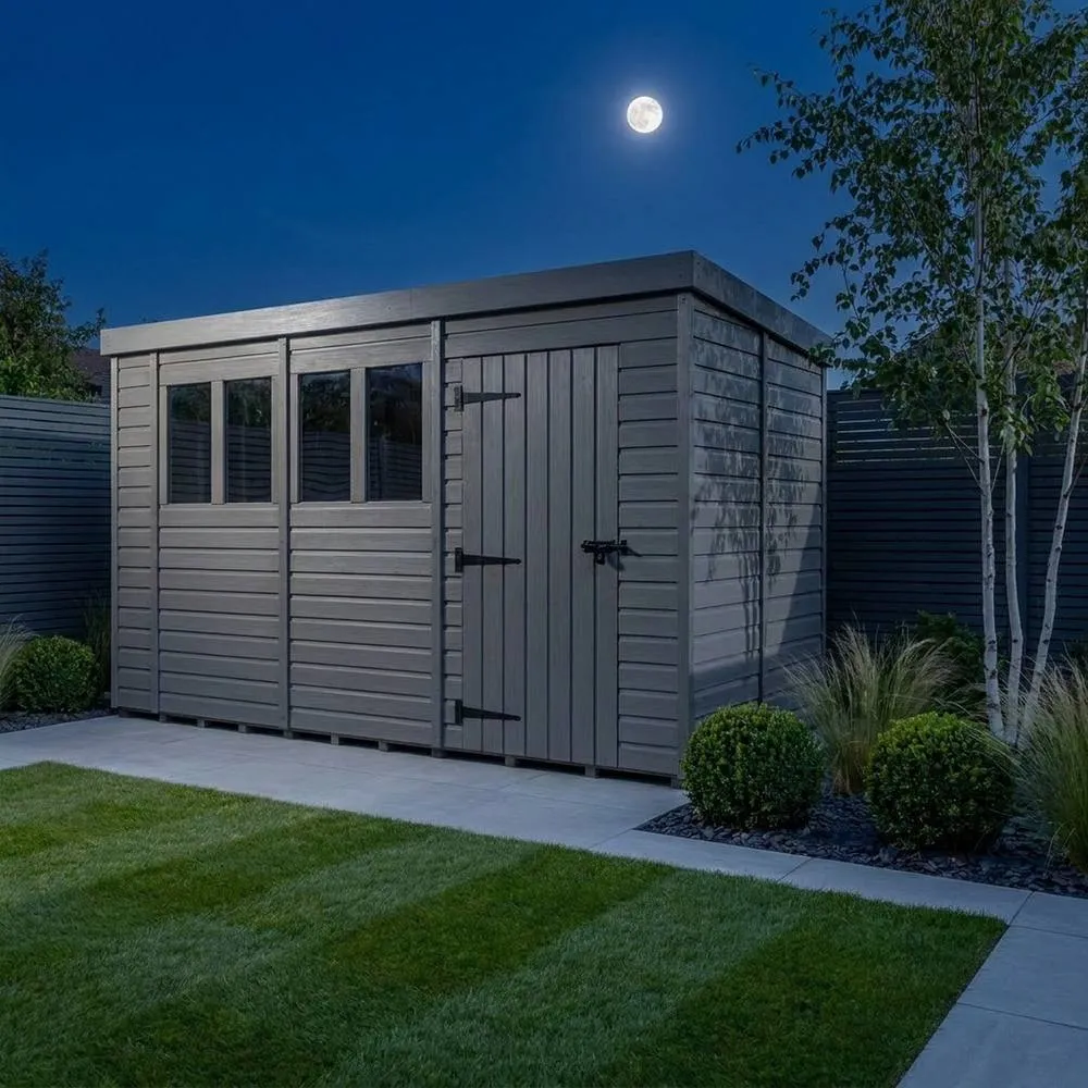 Buttercup Farm 13ft x 9ft Composite Pent Garden Shed Single Door With Windows in Grey 3