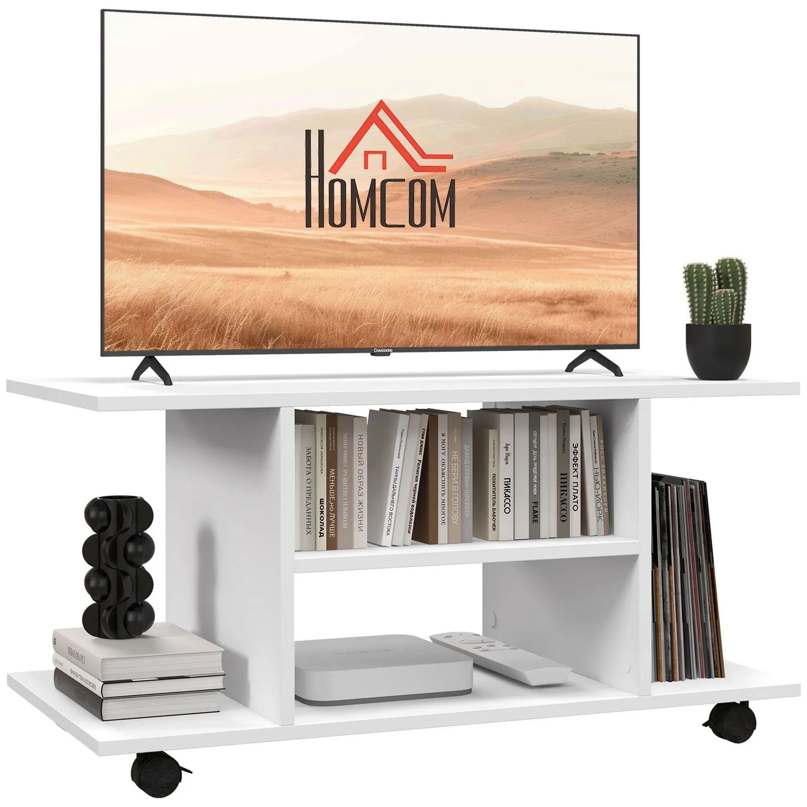 HOMCOM Modern TV Cabinet Stand 3 Tier shelf Storage Shelves Table Wheels in White 2