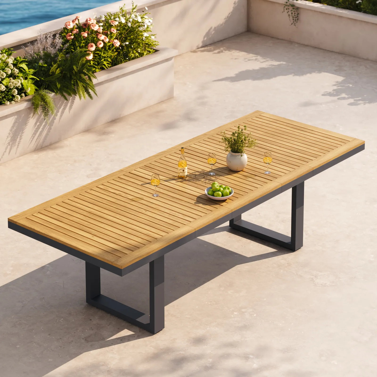 Tevara Outdoor Extendable Teak & Aluminum Dining Table in Gray for 6-8