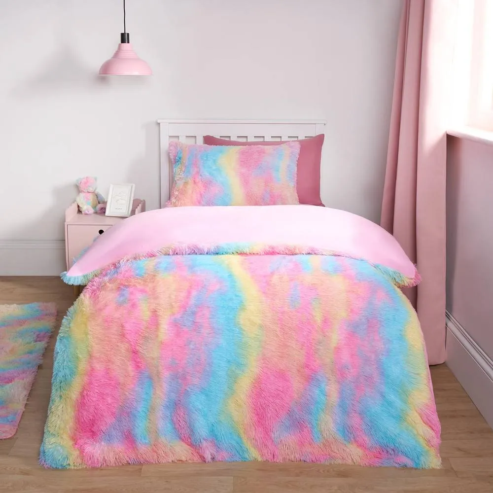 OHS Tie Dye Duvet Cover Quilt Pillowcase Fluffly Fleece Warm Plush Soft Bedding Set in Pink