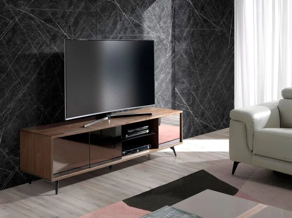 Angel Cerda Walnut TV Unit with Black Mirror Glass & Black Steel in Brown 3