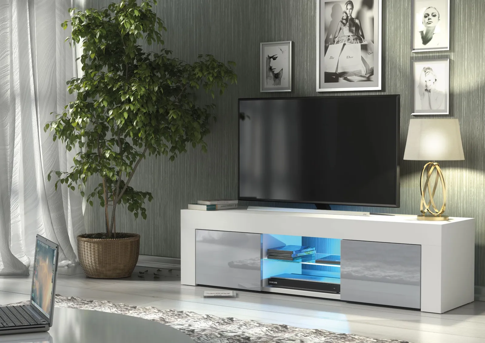 Creative Furniture Loom TV Unit 130cm - A Minimalist & Sophisticated Cabinet with Gloss Doors & LED Lights in Grey 2