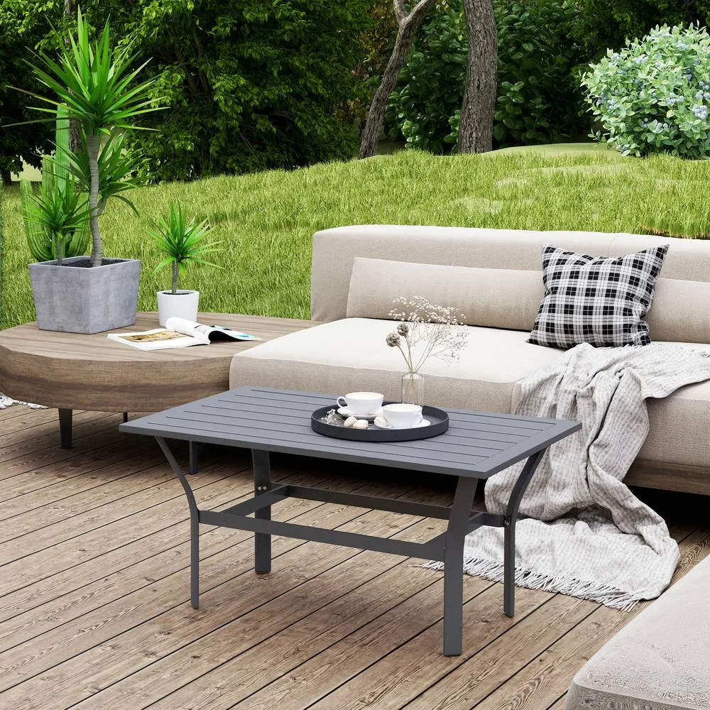 OUTSUNNY Metal Garden Coffee Table with Slatted Tabletop, Dark Grey