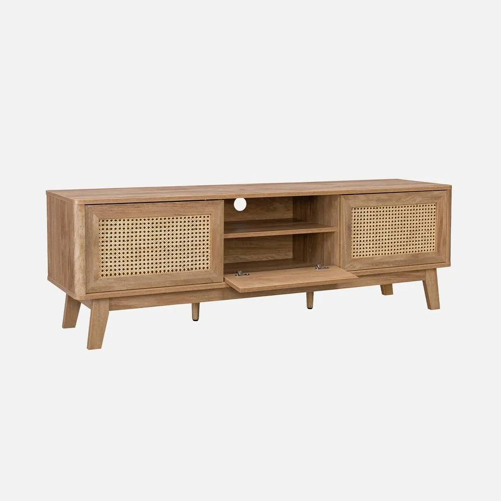 sweeek 150cm Tv Unit Wooden Effect & Cane 2 Sliding Doors in Light Brown 2