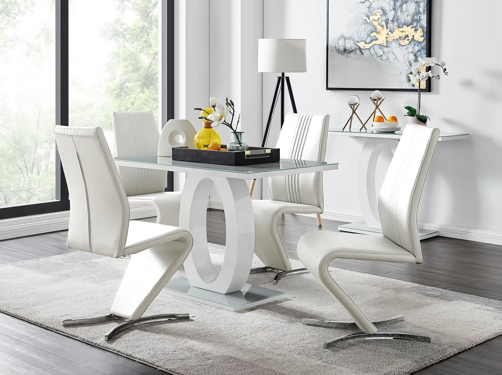 FurnitureboxUK Giovani Grey White Modern High Gloss & Glass Dining Table & 4 Willow Chairs Set in Off-White 1