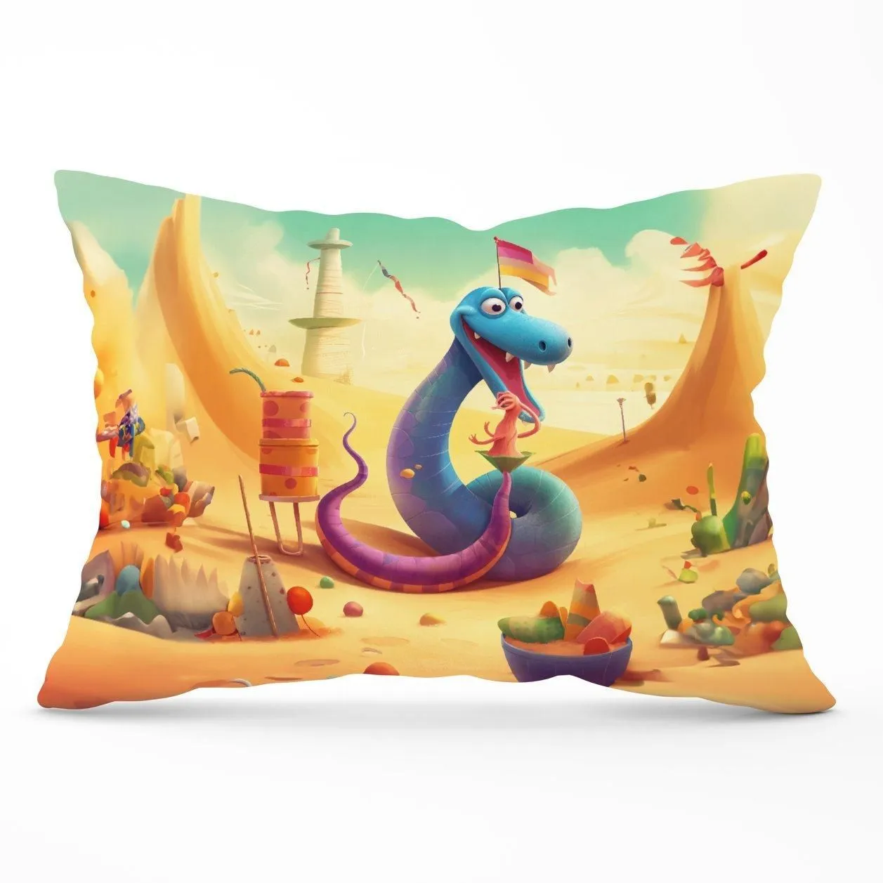Warren Reed - Designer Snake On A Beach Holiday Cushions in Yellow