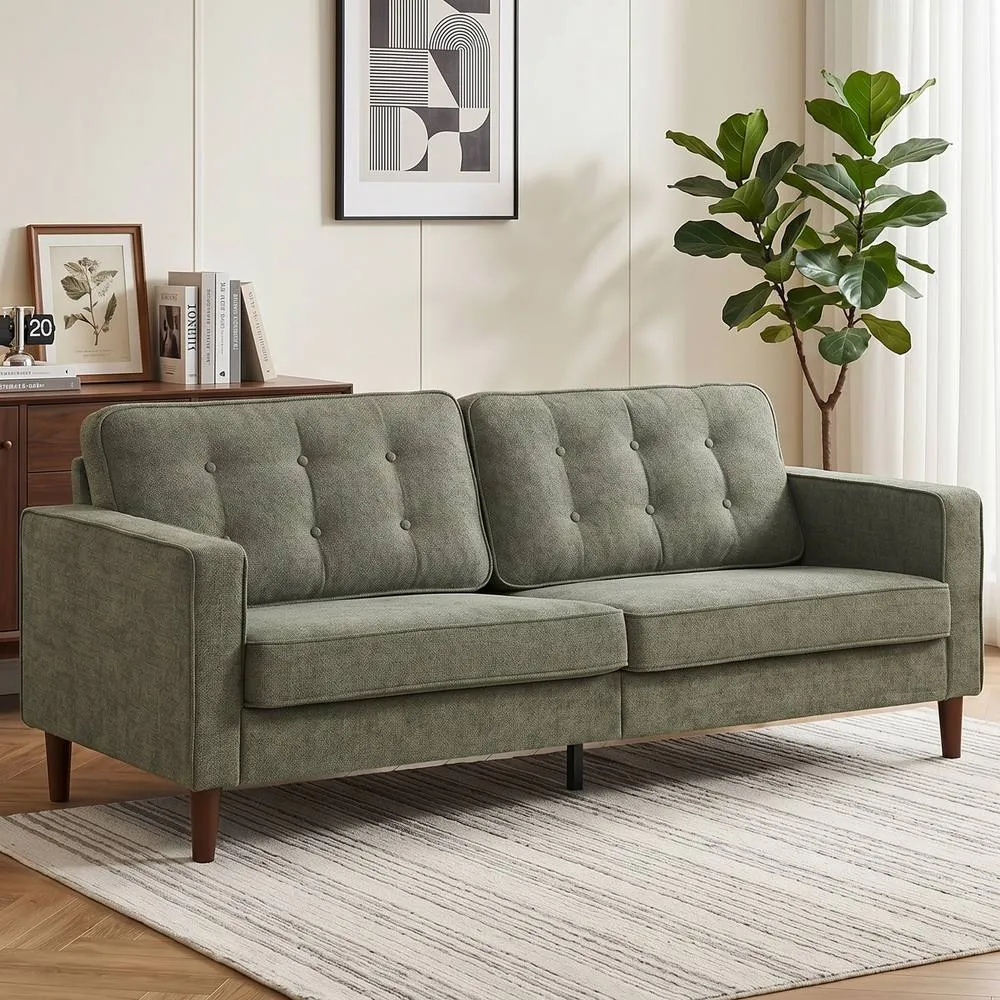 HOMCOM 3 Seater Sofa with Button Tufting Wood Legs, Green