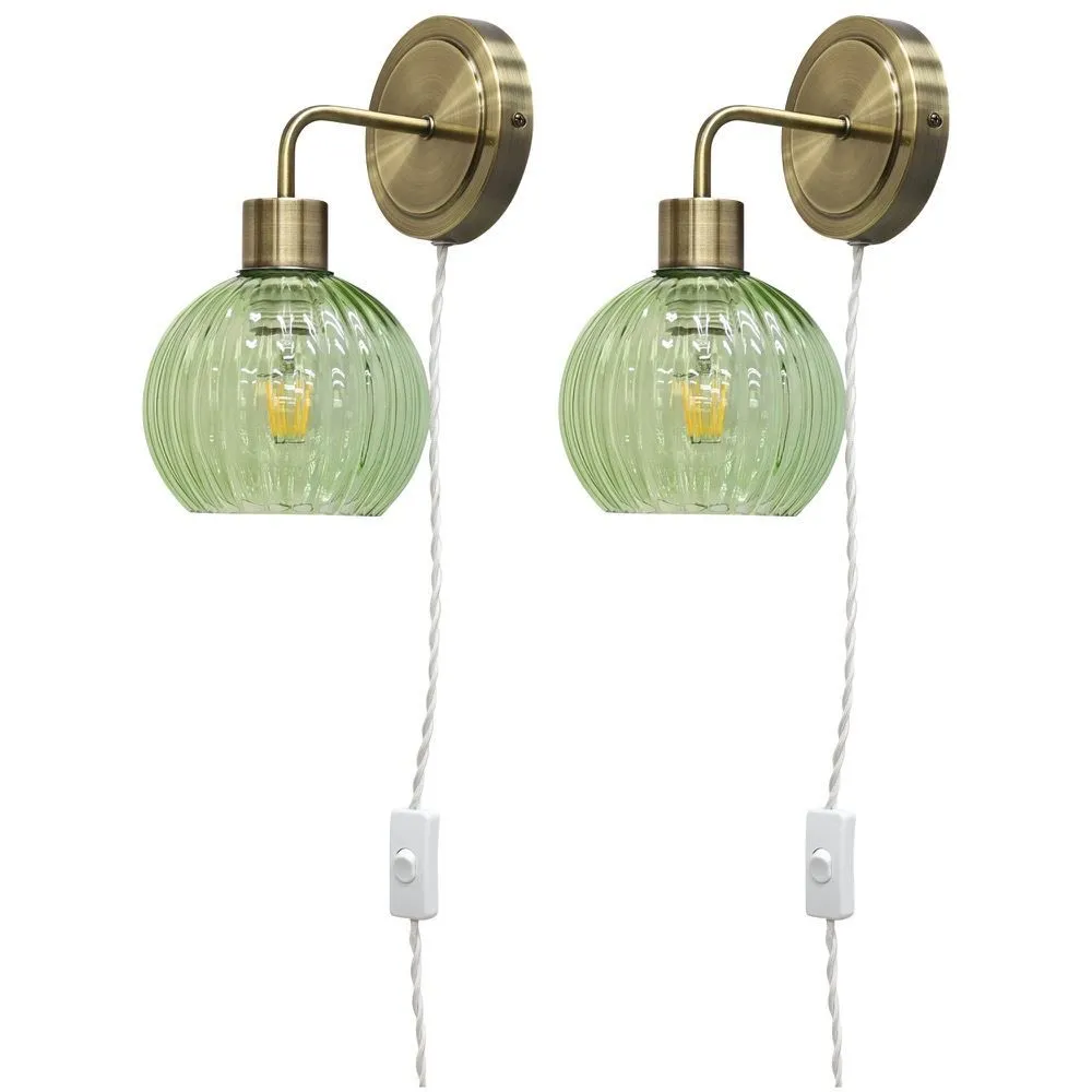 First Choice Lighting Set of 2 Toby - Antique Brass Plug in Wall Lights Green Globe Shades in Gold
