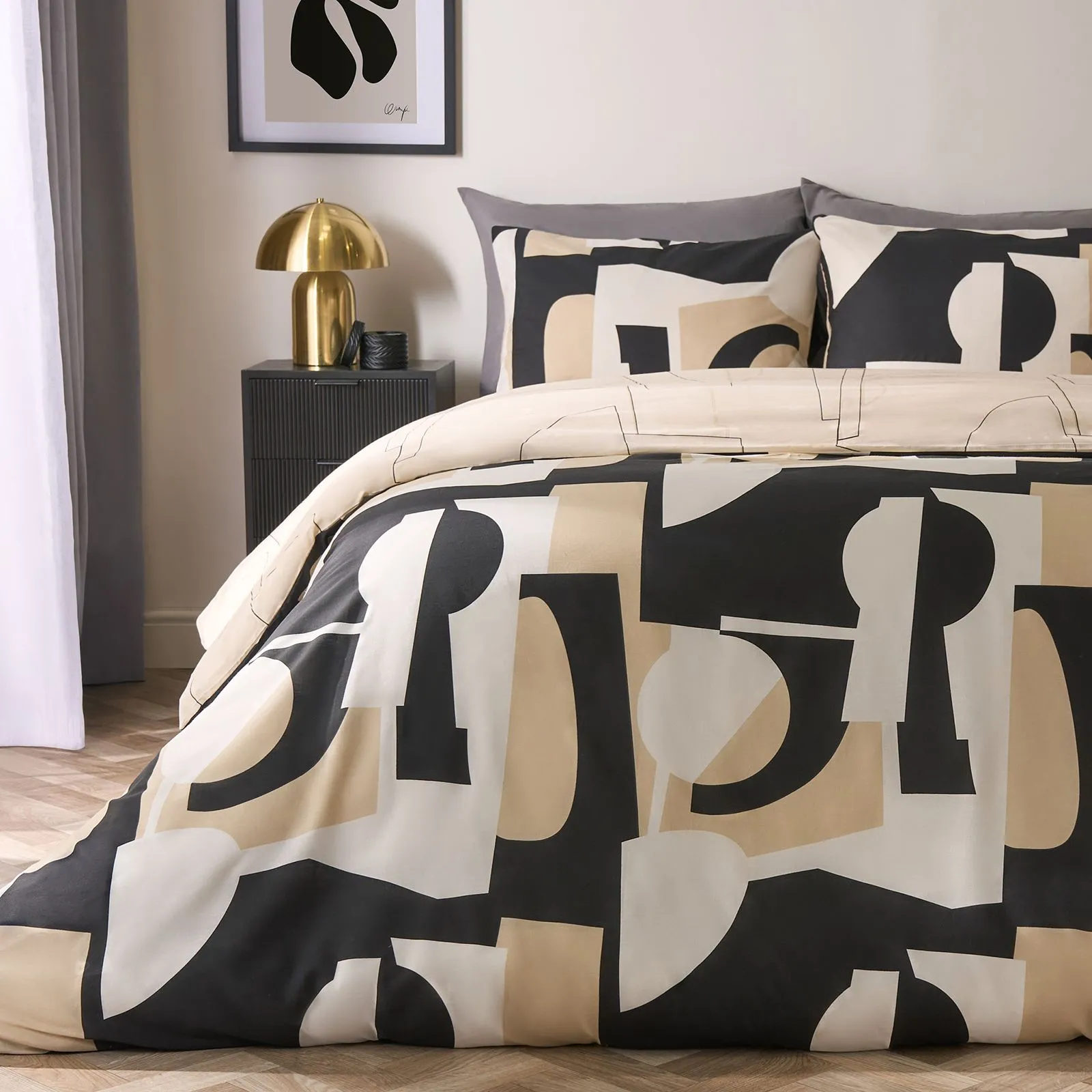 OHS Geometric Duvet Cover Pillowcase Bedding Set Shapes Quilt in Black