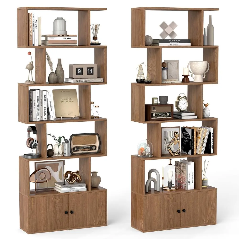 Costway 6-Tier Bookshelf w/ Cabinet S-Shaped Bookcase Shelf Storage Organizer in Natural 3