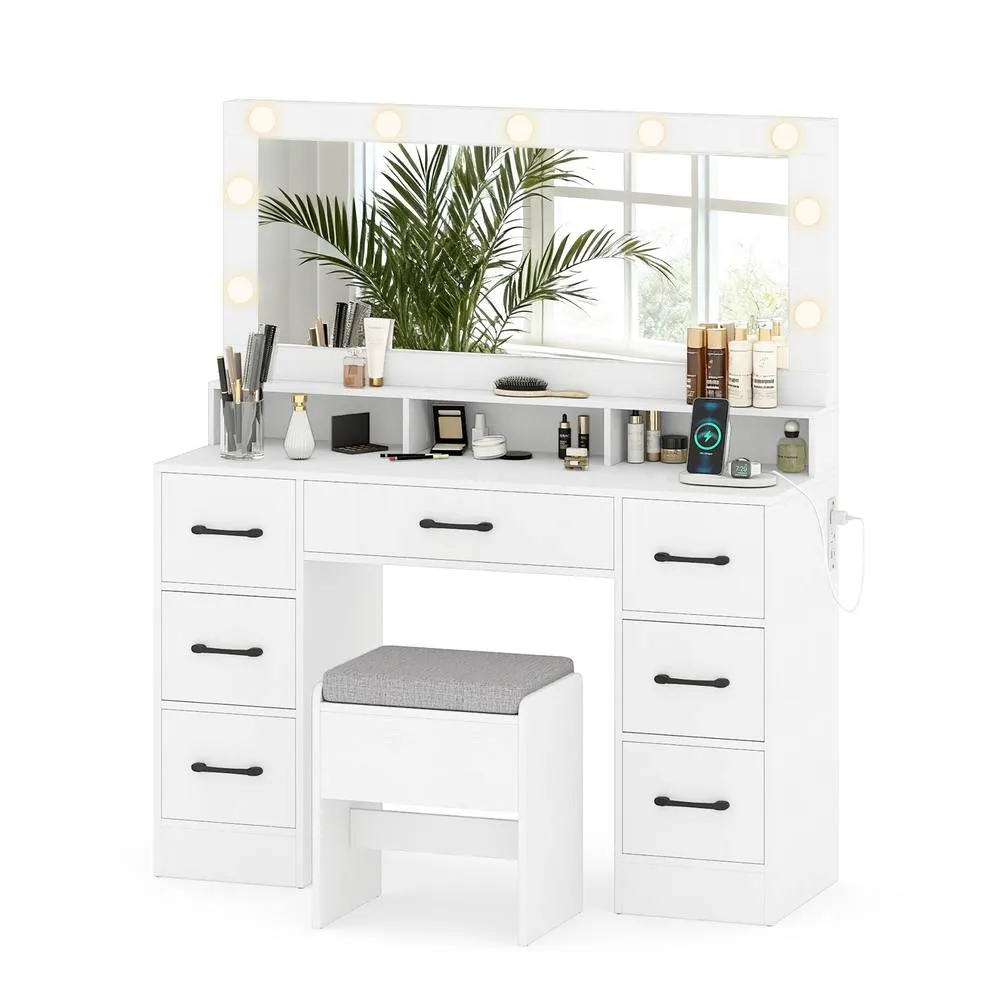Costway Vanity Desk with Mirror & Lights Makeup Table with 7 Drawers in White