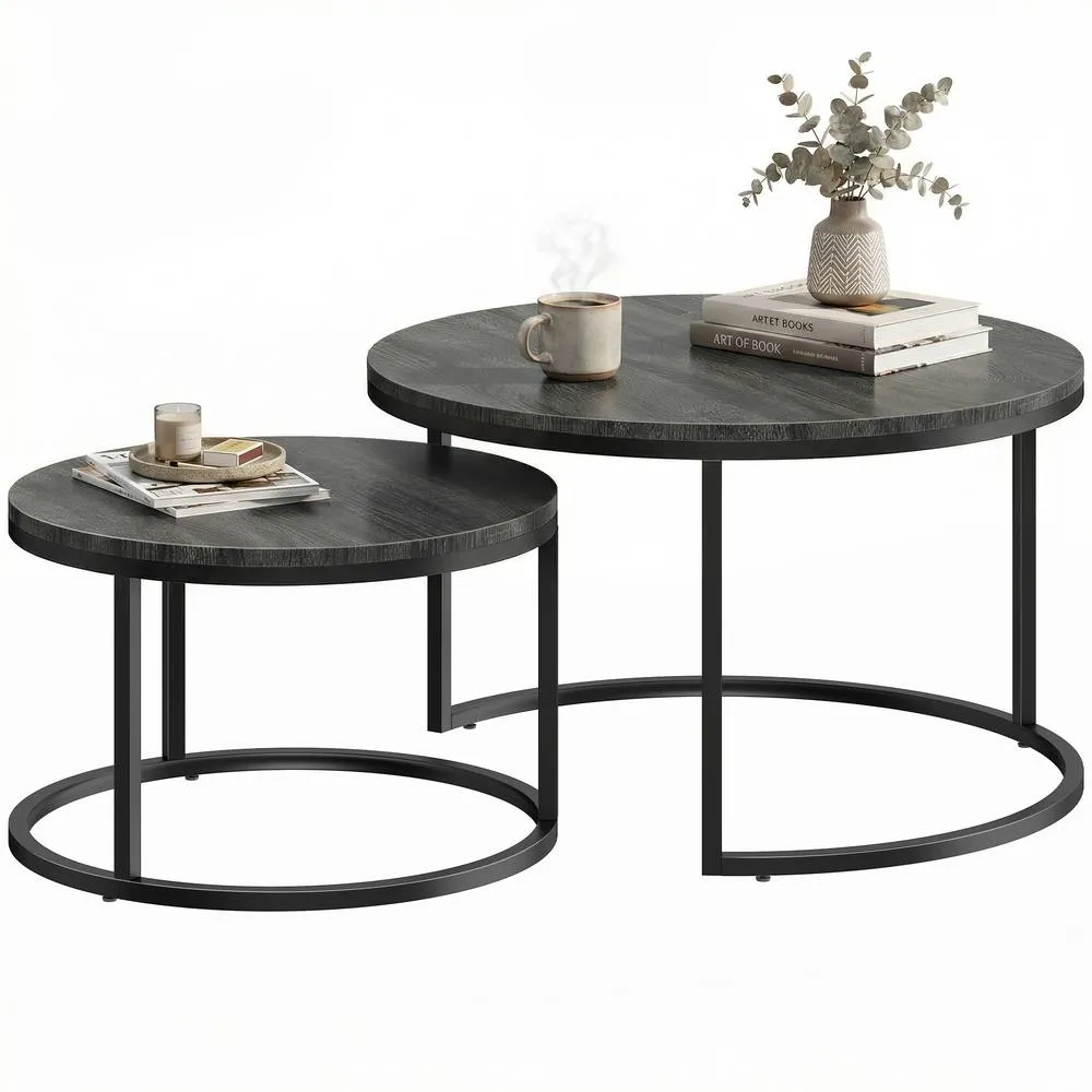 HOMCOM 2 Pcs Stacking Coffee Table Set Steel Frame, Black Wood Grain 2