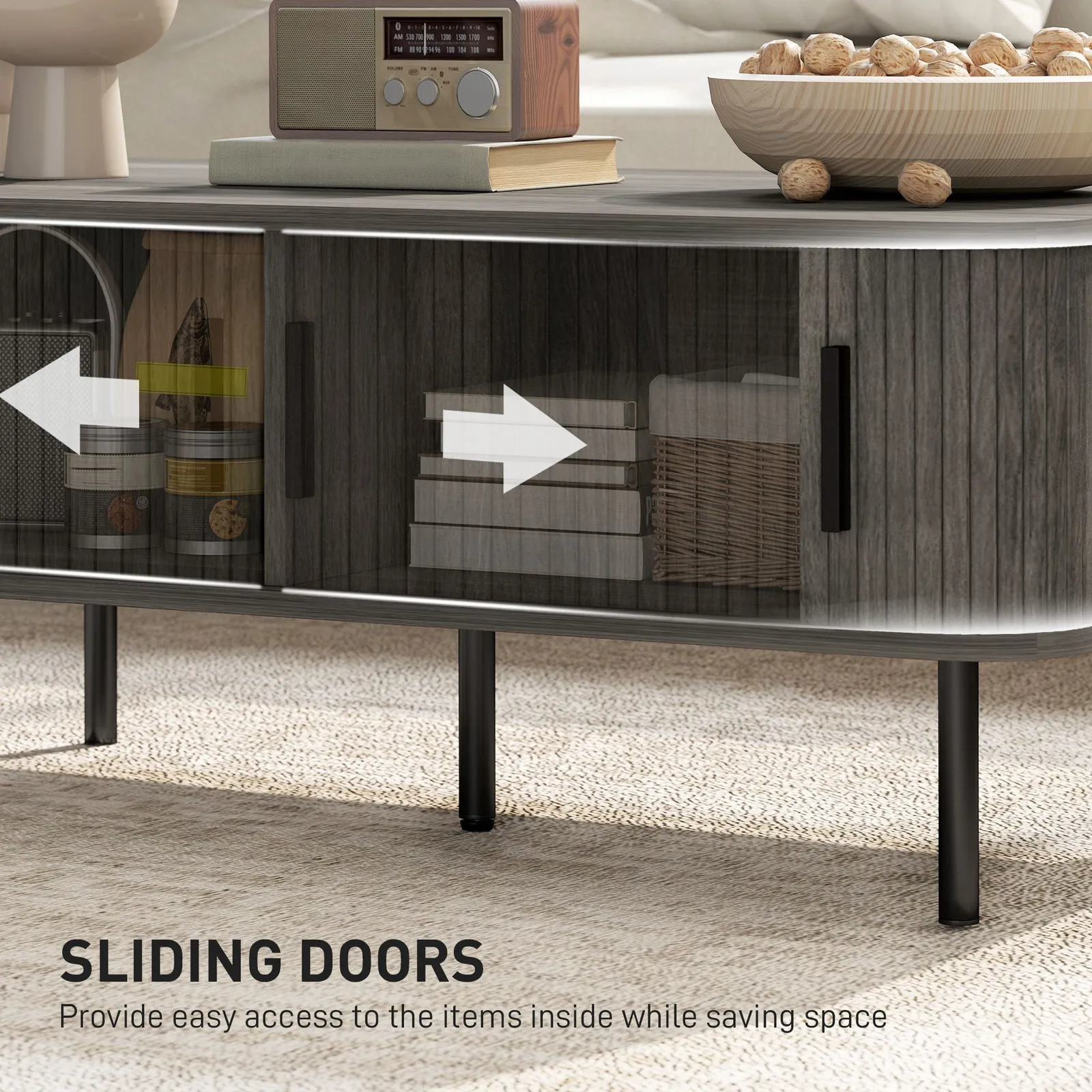 HOMCOM Coffee Table with Storage & Sliding Doors for Living Room in Grey 6