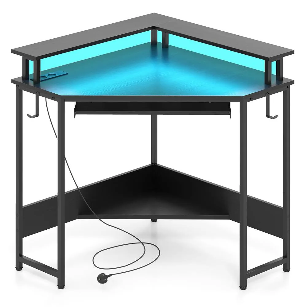 Costway Corner Desk Charging Station Home Triangle Gaming Desk LED in Black 1