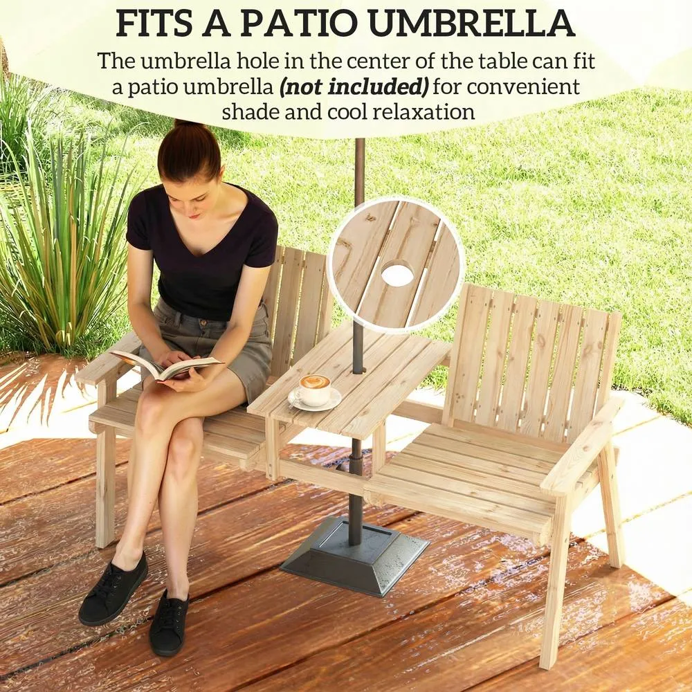 OUTSUNNY Wooden Garden Loveseat with Parasol Hole, Natural Wood Finish 6
