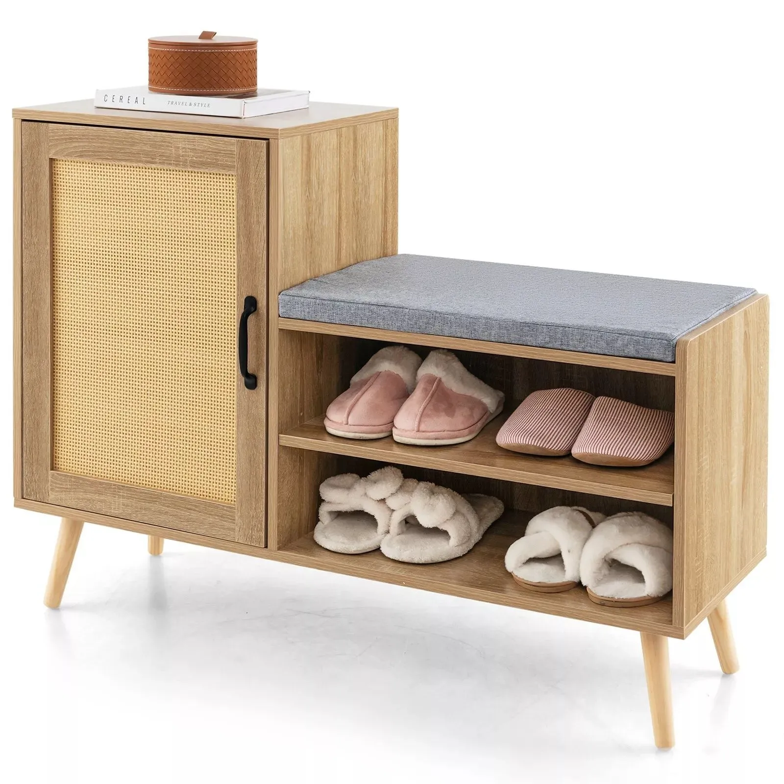 Costway Rattan Shoe Cabinet 2-in-1 Shoe Storage Bench Shoe Rack Cabinet in Natural