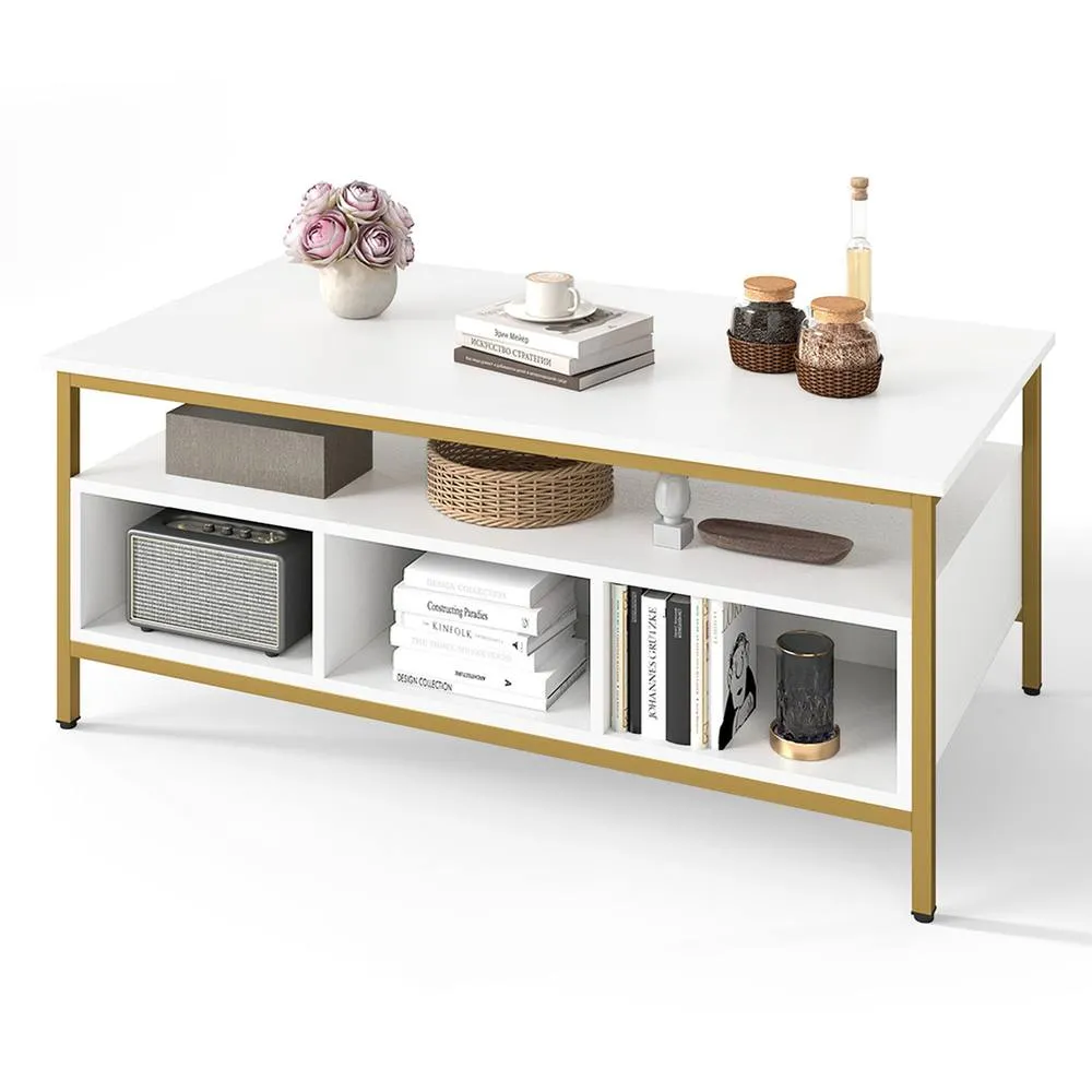 Costway Industrial 3-Tier Coffee Table Rectangular Center Table w/Shelf-White in White 2