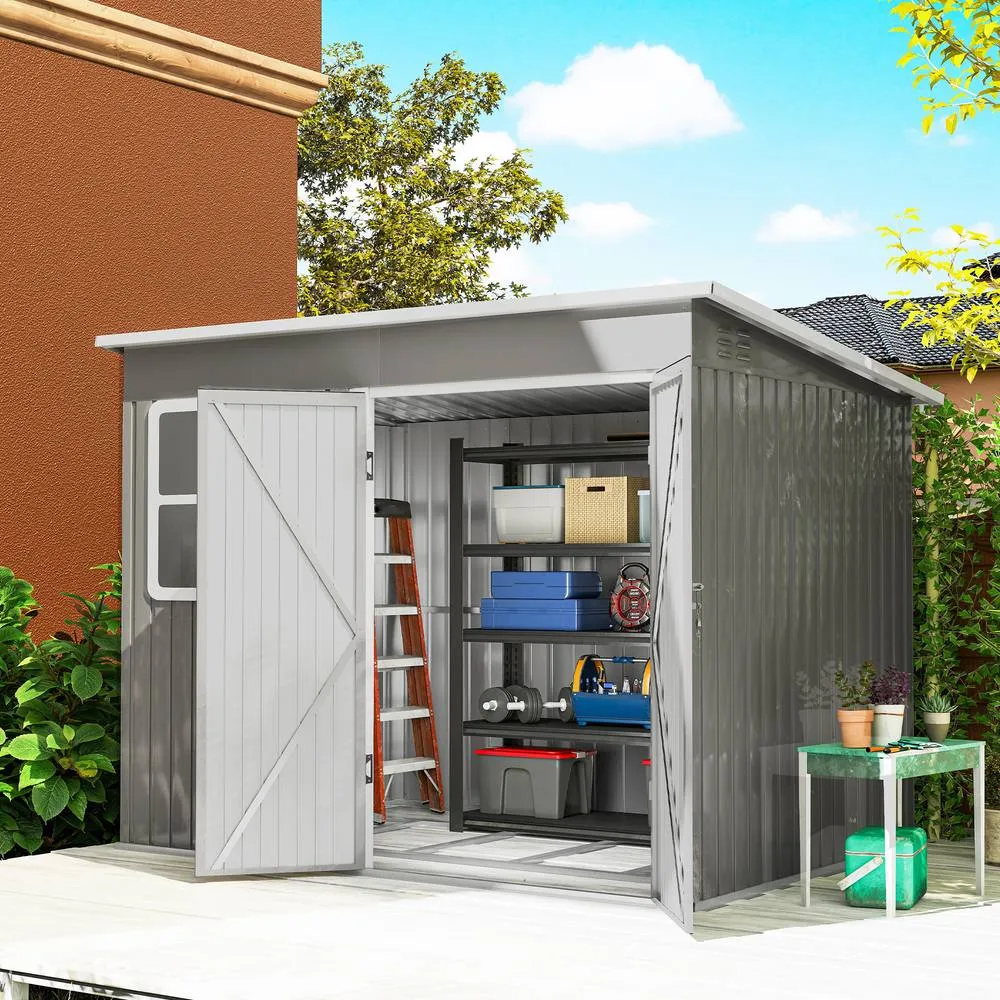 OUTSUNNY 8.5 x 6ft Galvanised Steel Garden Shed with Foundation Kit, Grey in Light Grey