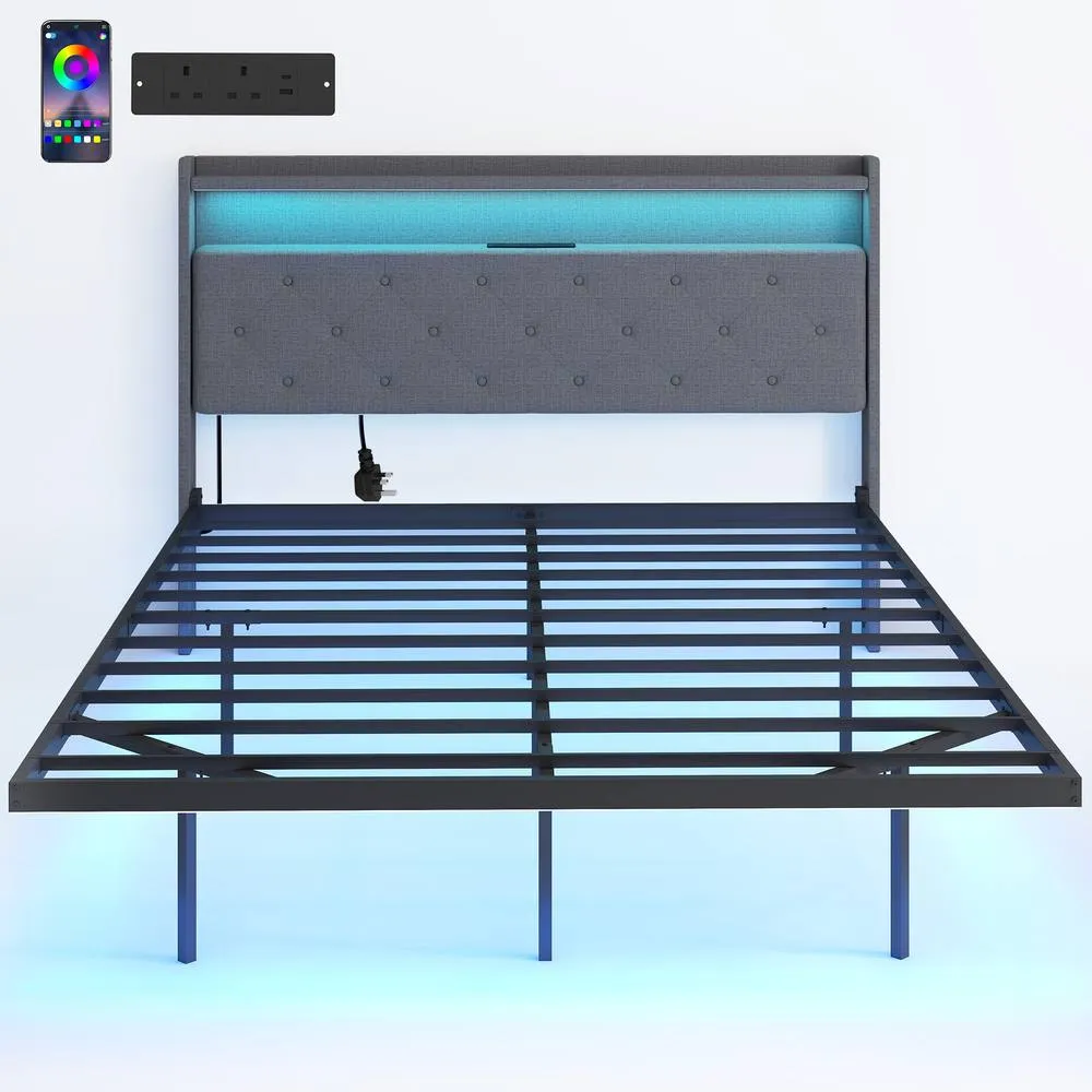 HOMCOM Floating Bed Frame with RGB Lights, Upholstered Double Size Bed, Grey 2