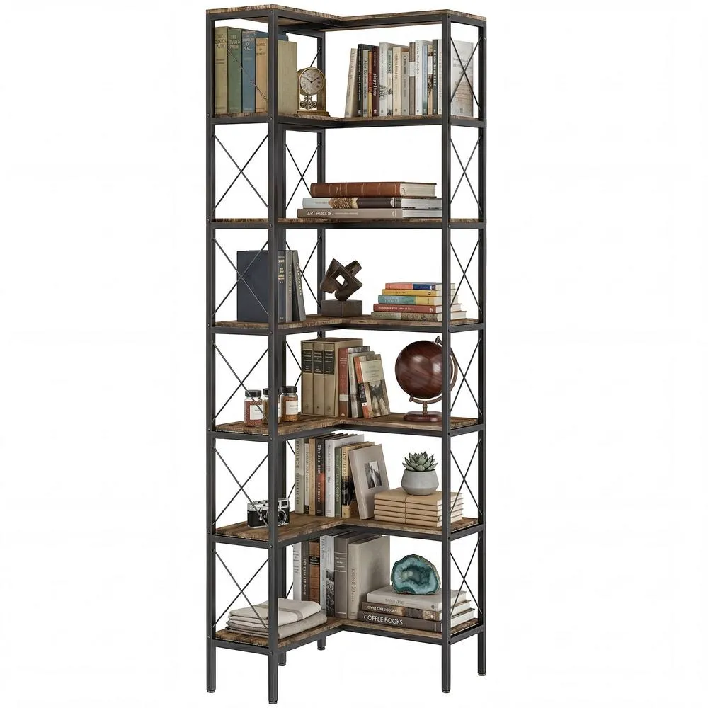 HOMCOM L-Shaped Bookshelf, 6-Tier Bookcase with Metal Frame, Rustic Brown 2