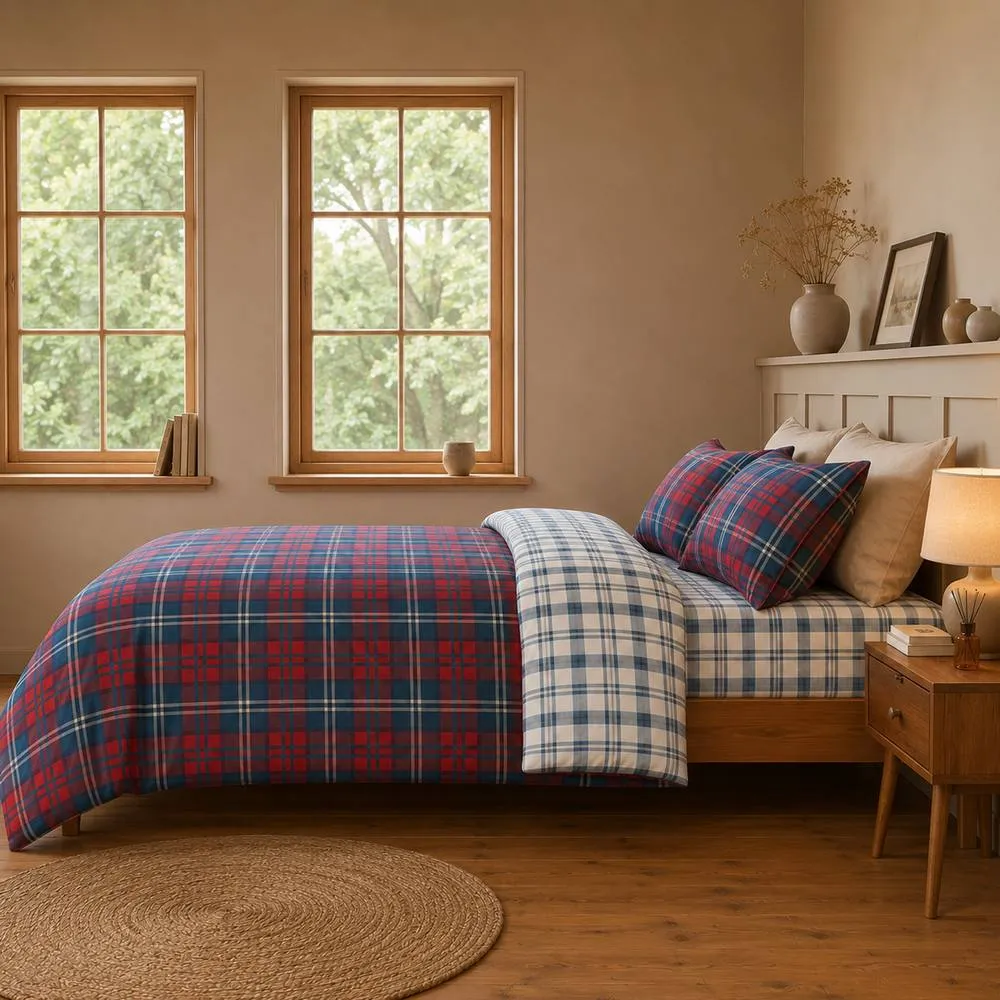 Rapport Home Ross Check Complete Duvet Cover Set with Fitted Sheet & Pillowcases in Red 3