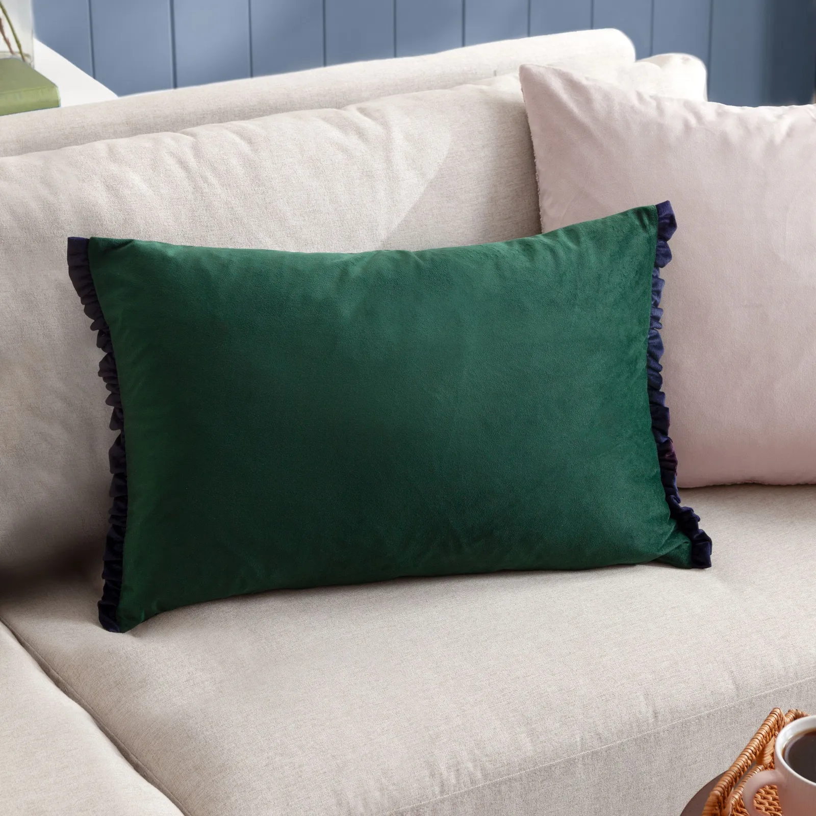 Wylder Tilly Velvet Frill Reversible Cushion in Bottle Green 1