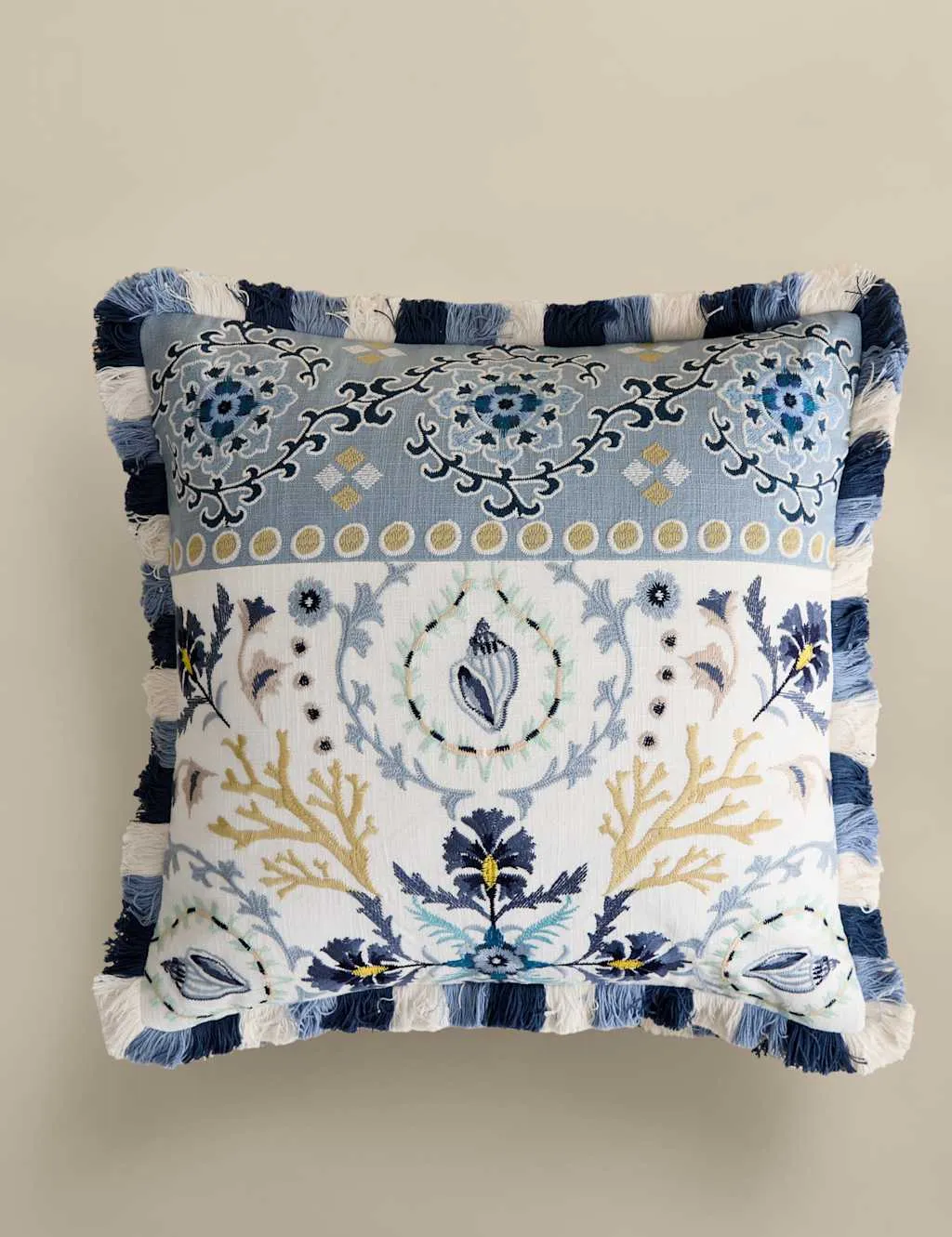 M&S Pure Cotton Coastal Embroidered Cushion Blue Mix