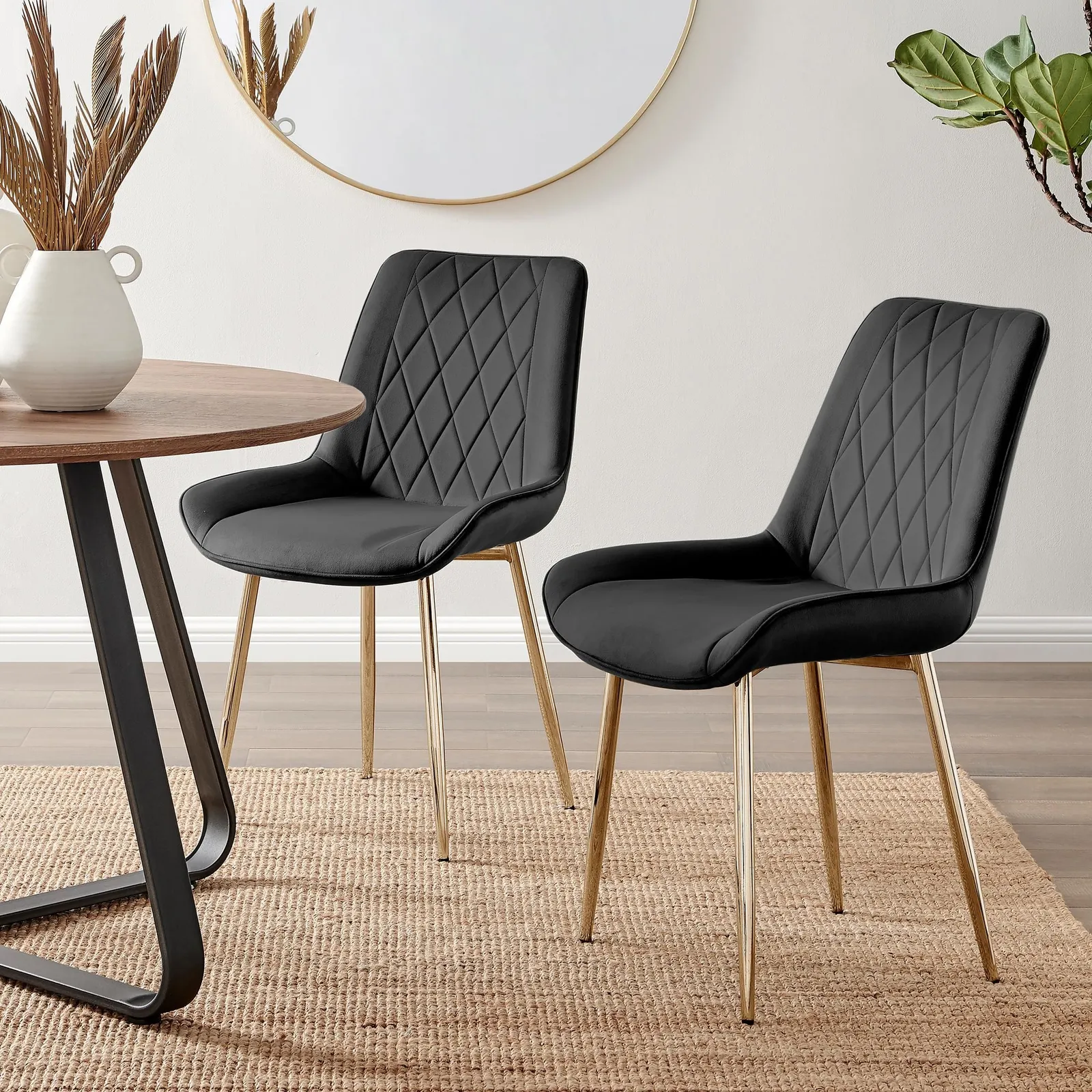 FurnitureboxUK Set of 2 Pesaro Luxury Soft Touch Diamond Pattern Velvet Dining Chairs With Gold Chrome Metal Legs in Black