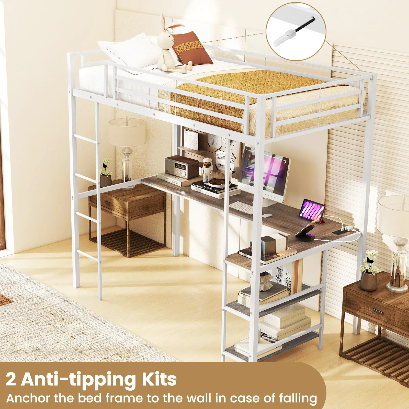 Costway Loft Bed Single Platform Bed Metal High Sleeper Bed w/Charging Station in White 6